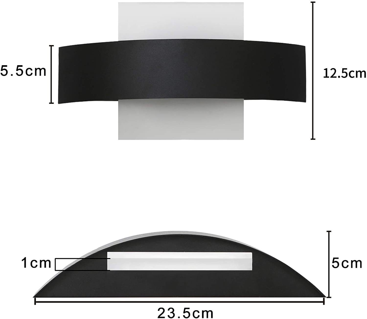 Lampada da parete bianca e nera con dimensioni, tra cui 23,5 cm di larghezza e 12,5 cm di altezza.