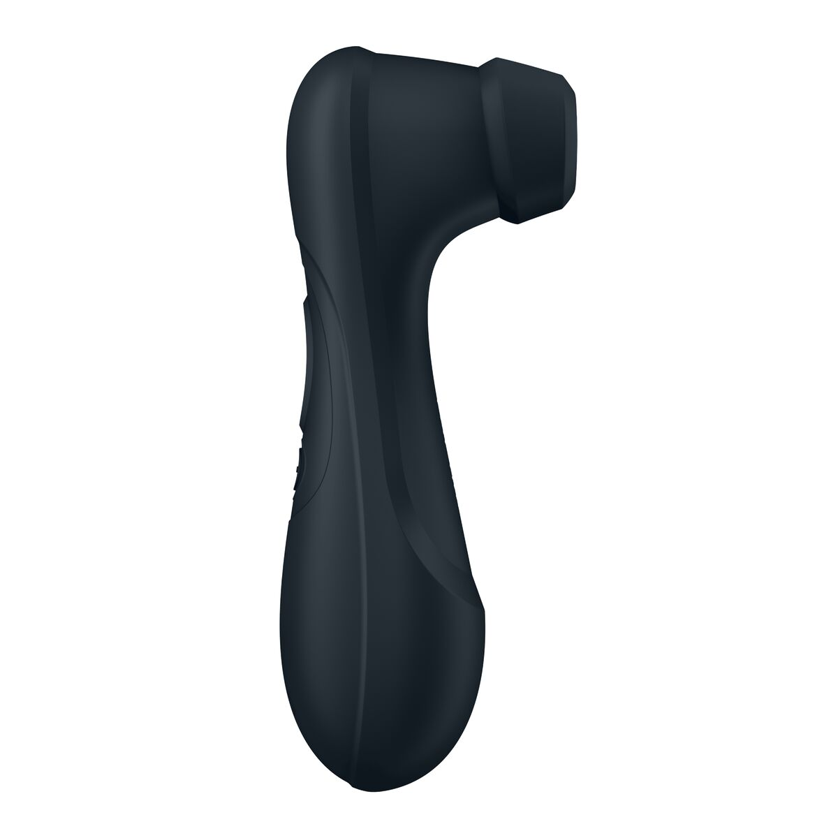 Un juguete sexual negro con un diseño curvado. El diseño es simple con una superficie lisa.