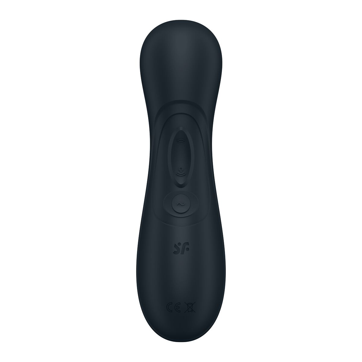 Un vibrador negro sobre un fondo blanco.