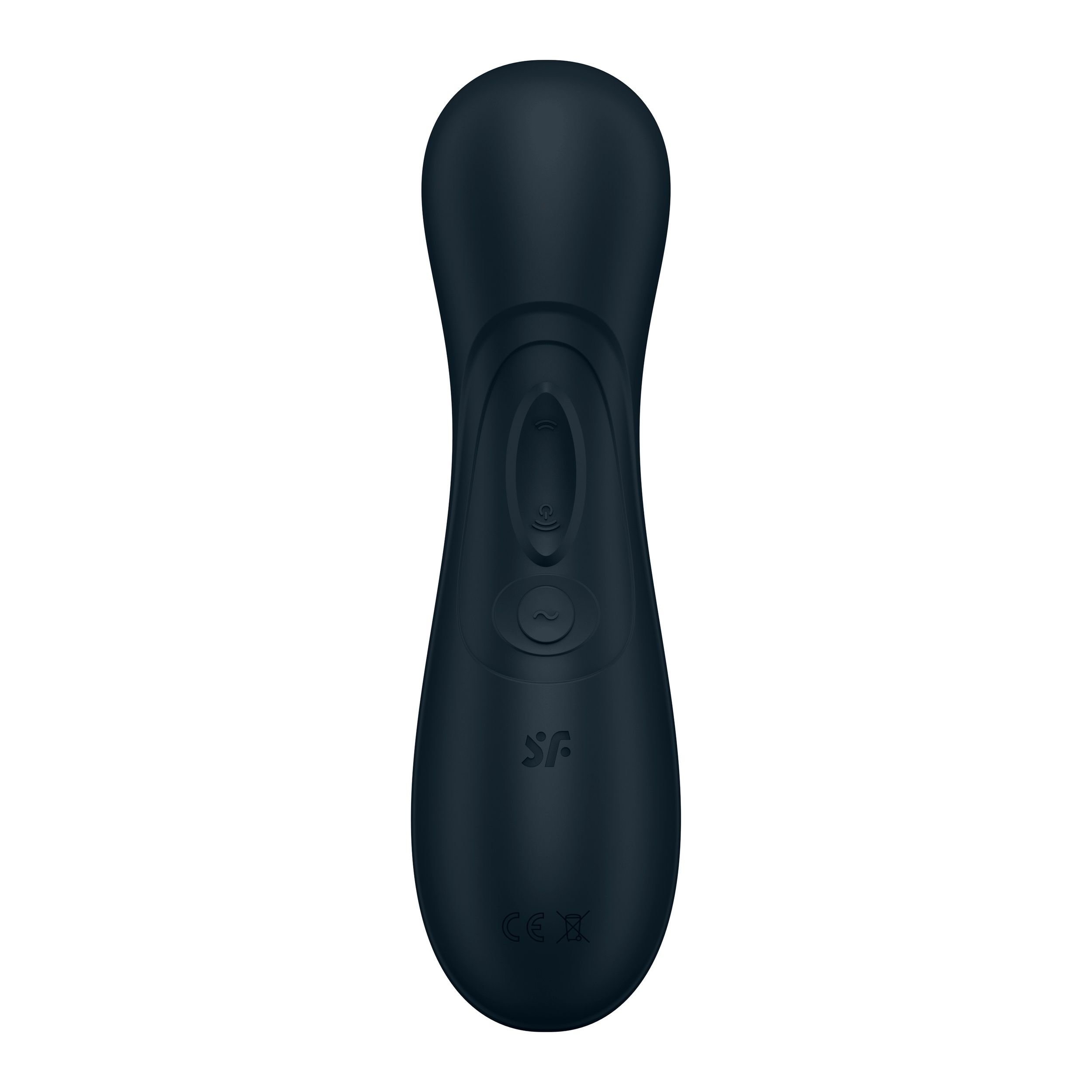 Juguete sexual negro con diseño curvo. Con botones y superficie texturizada.
