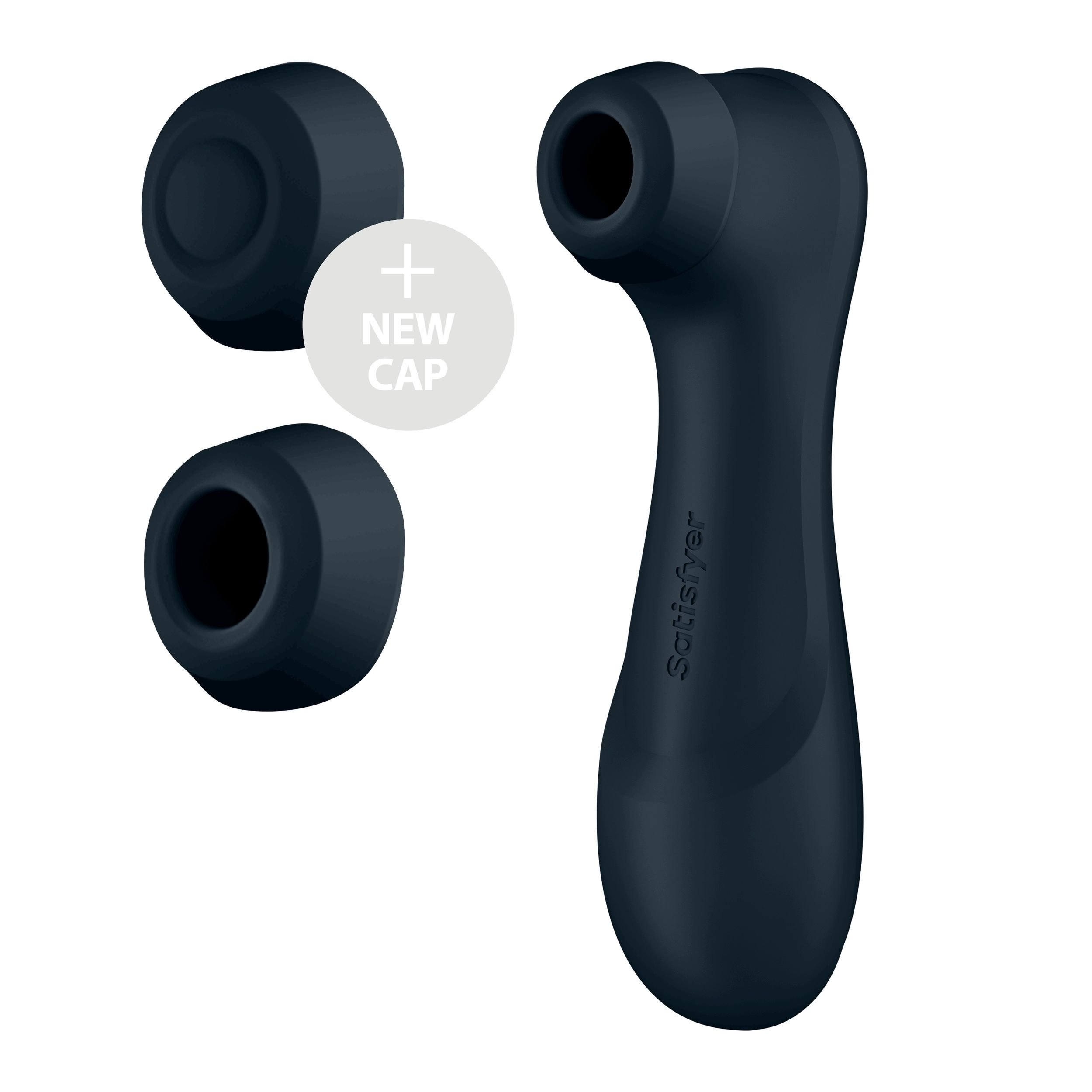 Juguete sexual azul oscuro con tres tapas. El cuerpo principal tiene un diseño curvado con la marca 'Satisfyer'.