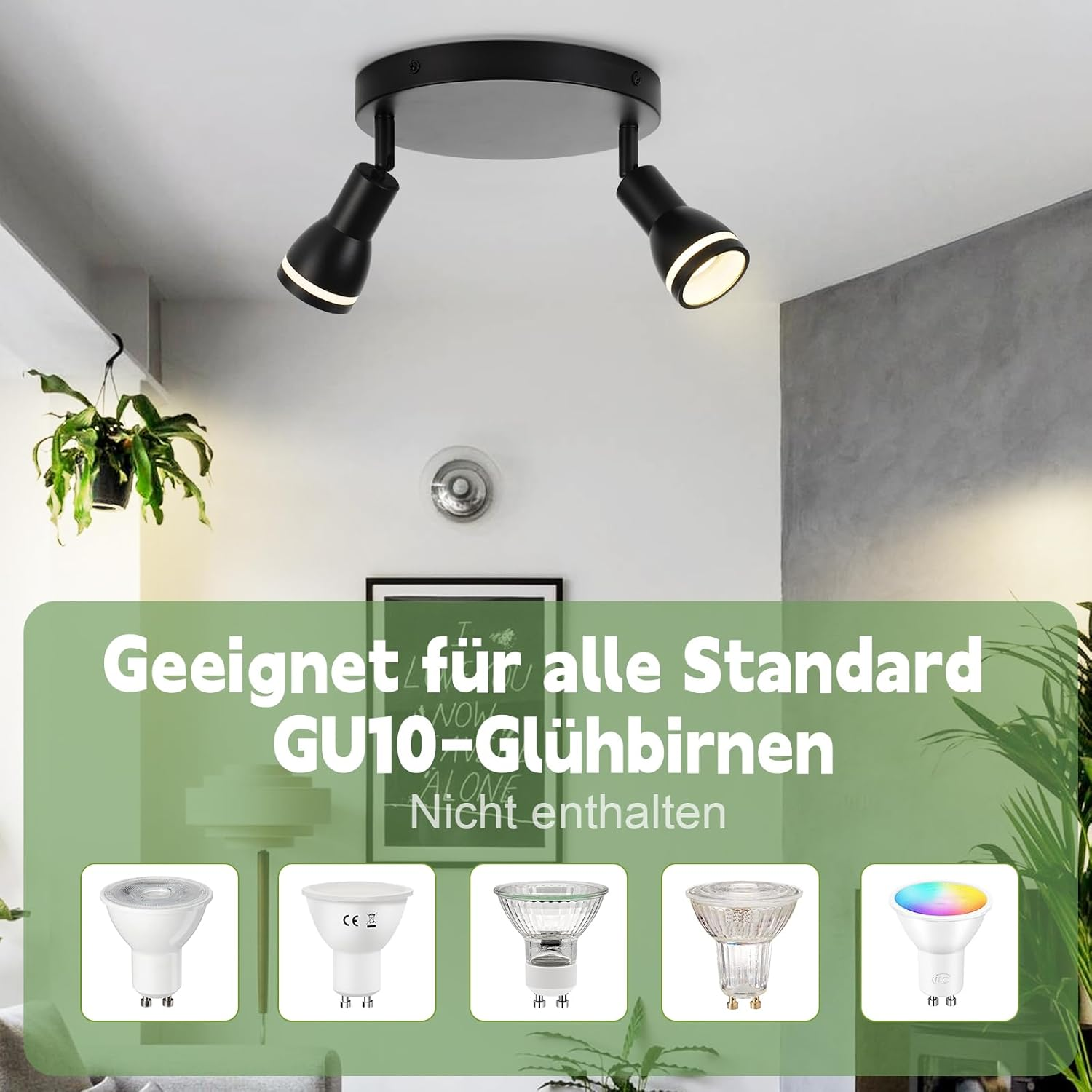 Czarna lampa sufitowa z żarówkami GU10. Pokazano pięć różnych typów żarówek.