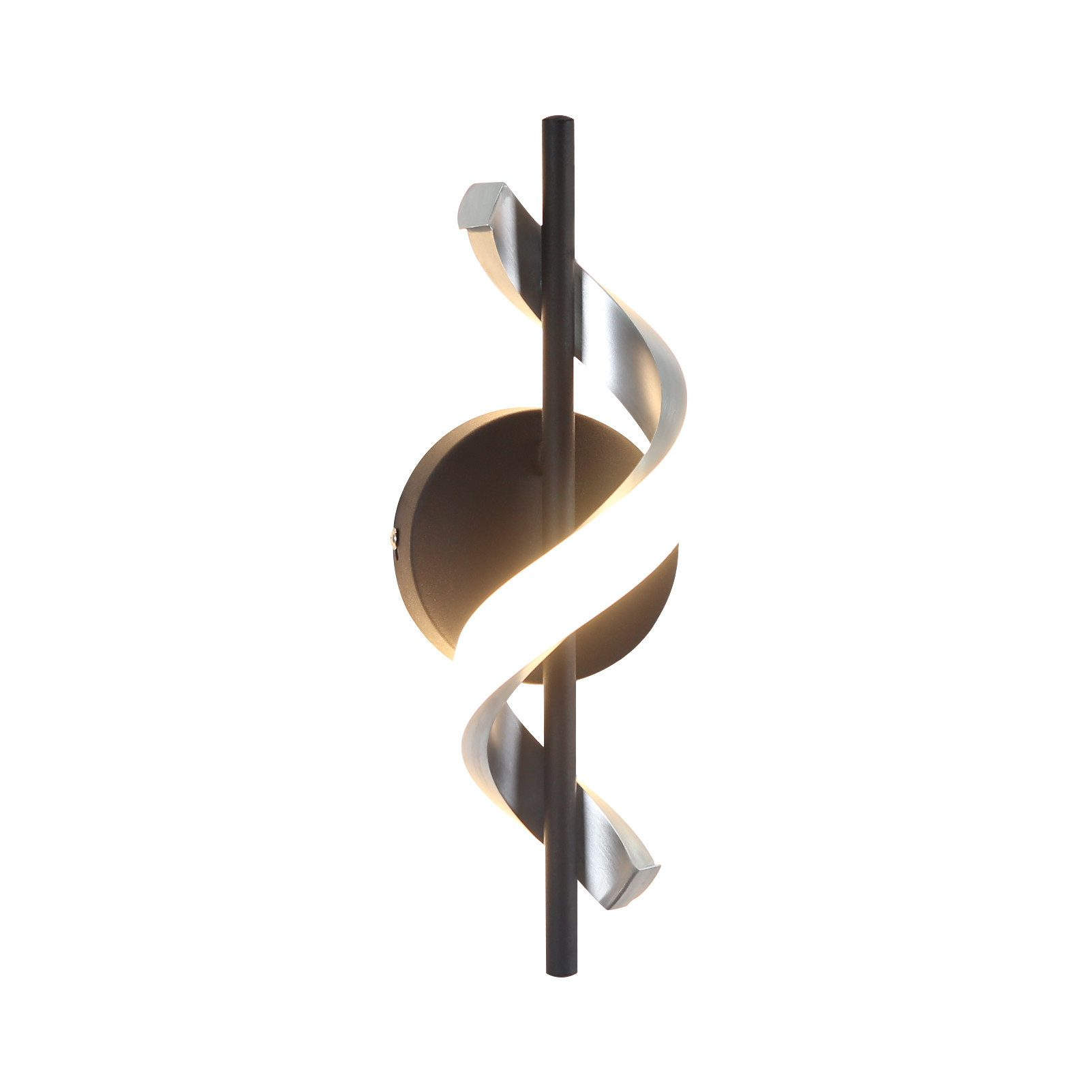 Lampada da parete con un palo centrale nero e un elemento luminoso argentato a spirale. Sfondo bianco.