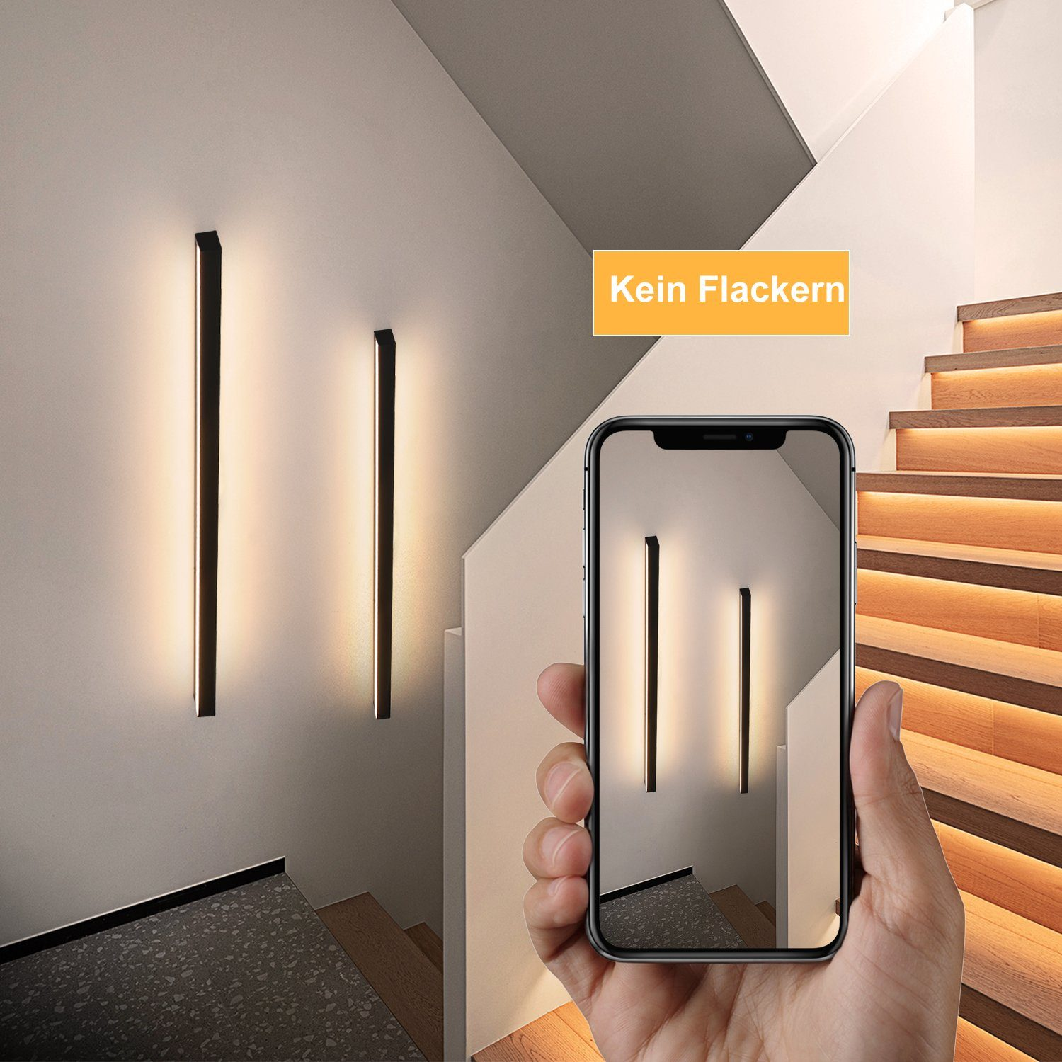 Mano che tiene il telefono che mostra l'illuminazione della parete. Tre luci verticali sul muro.