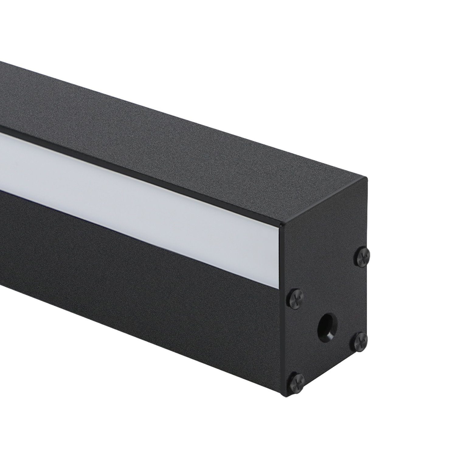 Apparecchio di illuminazione rettangolare nero. Ha una striscia di luce bianca e dettagli a vite sul lato.