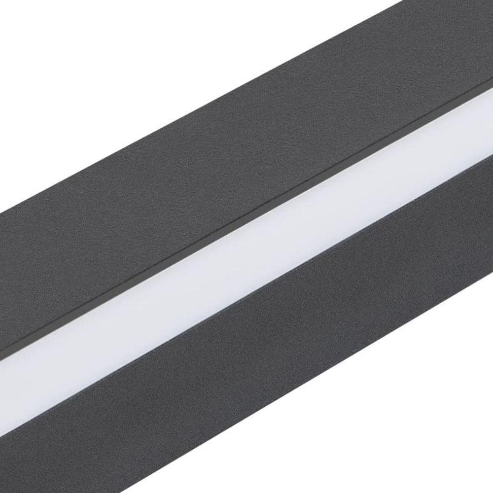 Primo piano di un apparecchio di illuminazione rettangolare grigio scuro con una striscia bianca illuminata.