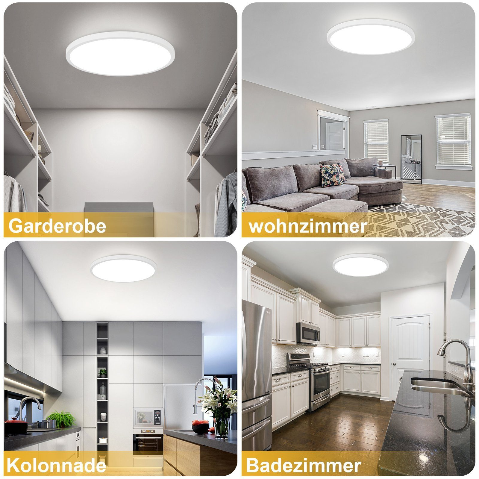 Quattro immagini: un guardaroba, un soggiorno, una cucina e un bagno, tutte con luci a soffitto circolari.