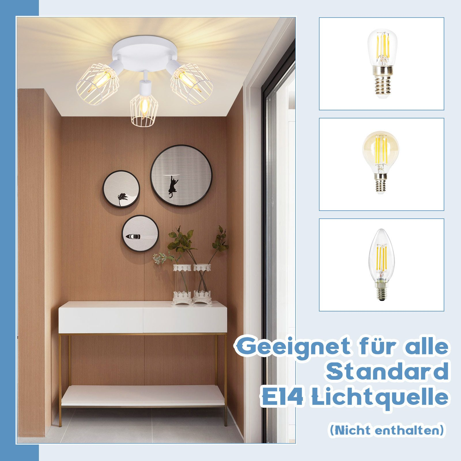Un apparecchio di illuminazione a soffitto con quattro luci, con testo in tedesco sulla compatibilità della sorgente luminosa.