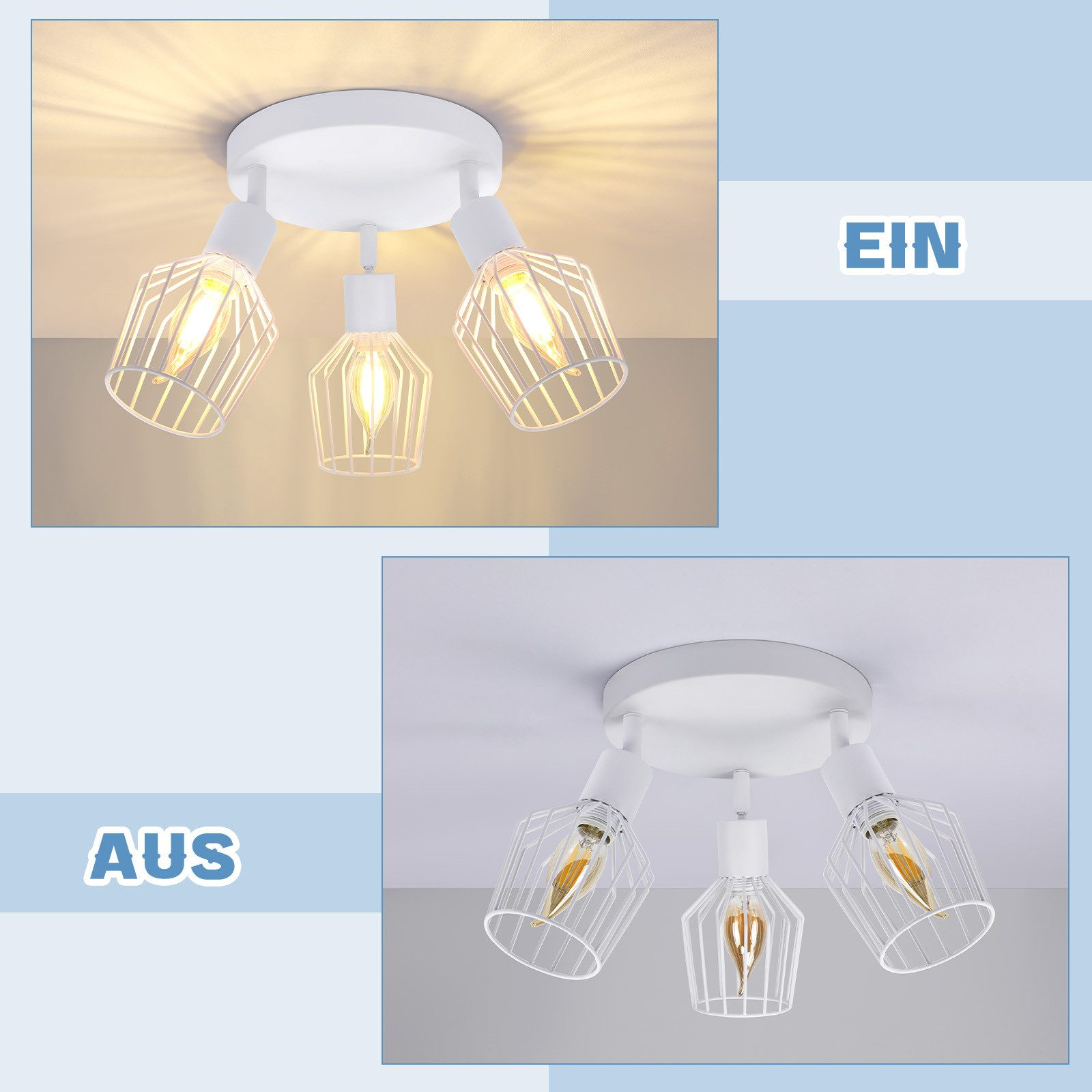 Un apparecchio di illuminazione a soffitto con quattro luci, che mostra gli stati di accensione e spegnimento.