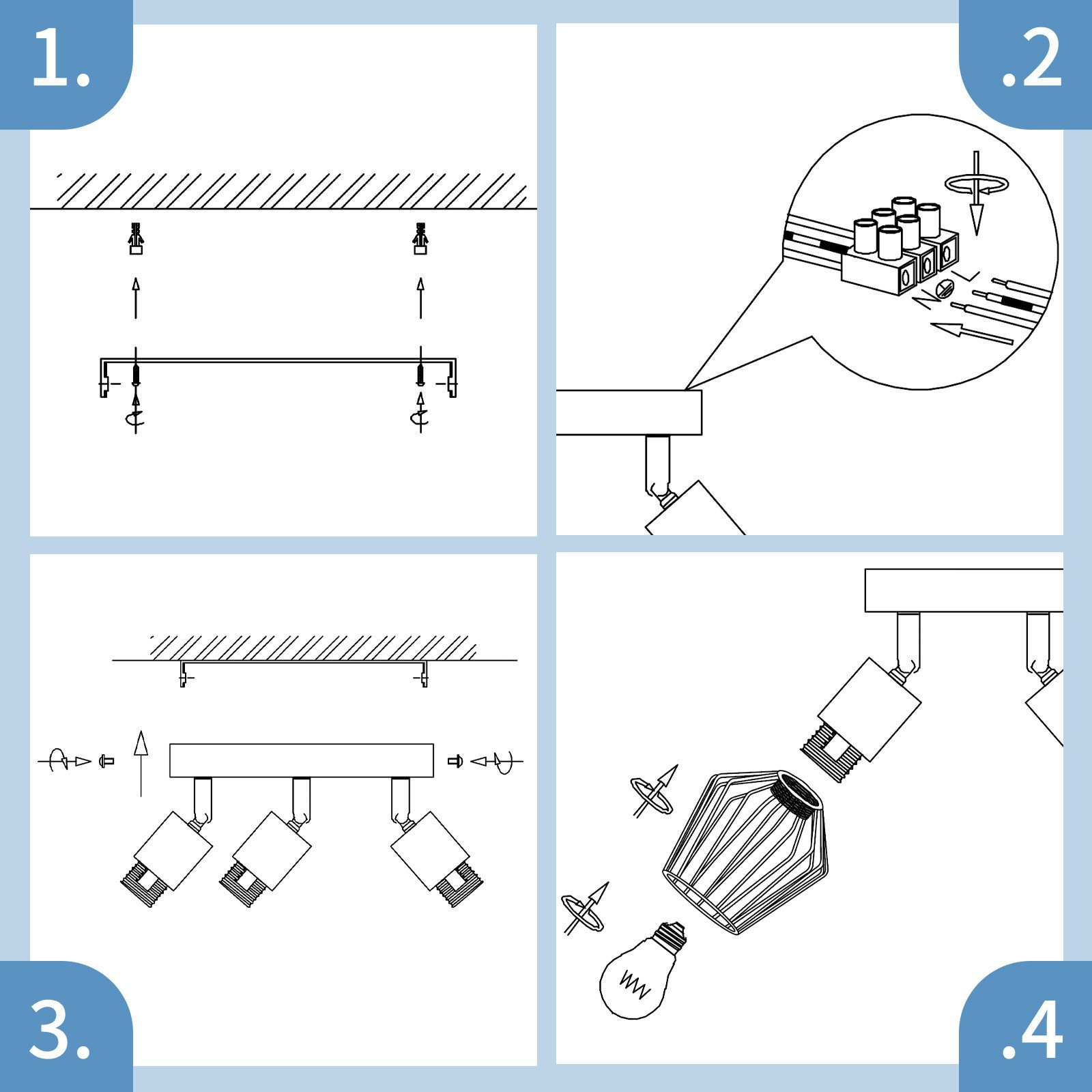Diagramma a quattro pannelli che mostra i passaggi di installazione dell'apparecchio di illuminazione, compreso il cablaggio e il fissaggio della lampadina.