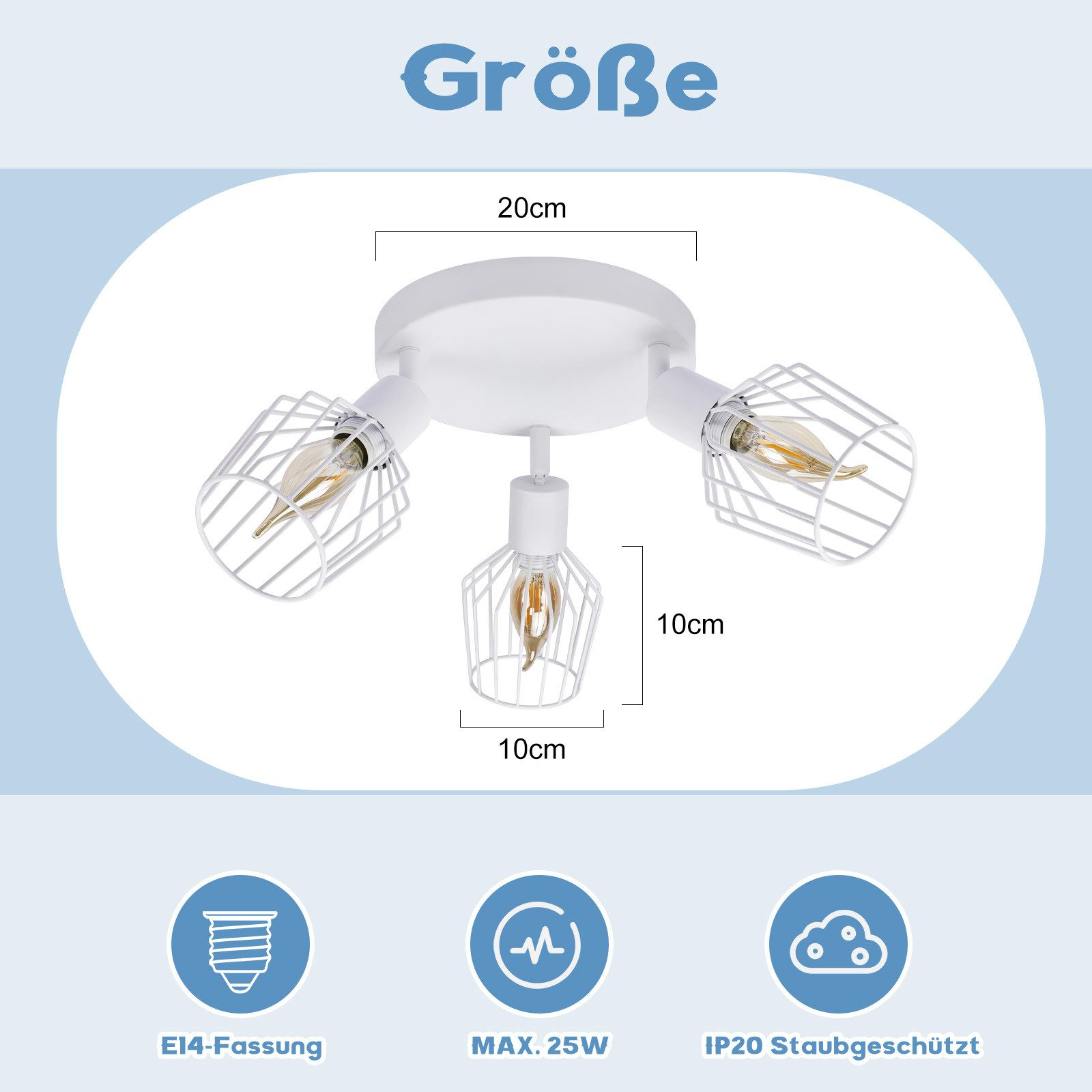 Un apparecchio di illuminazione a soffitto bianco con tre luci, con dimensioni e specifiche.