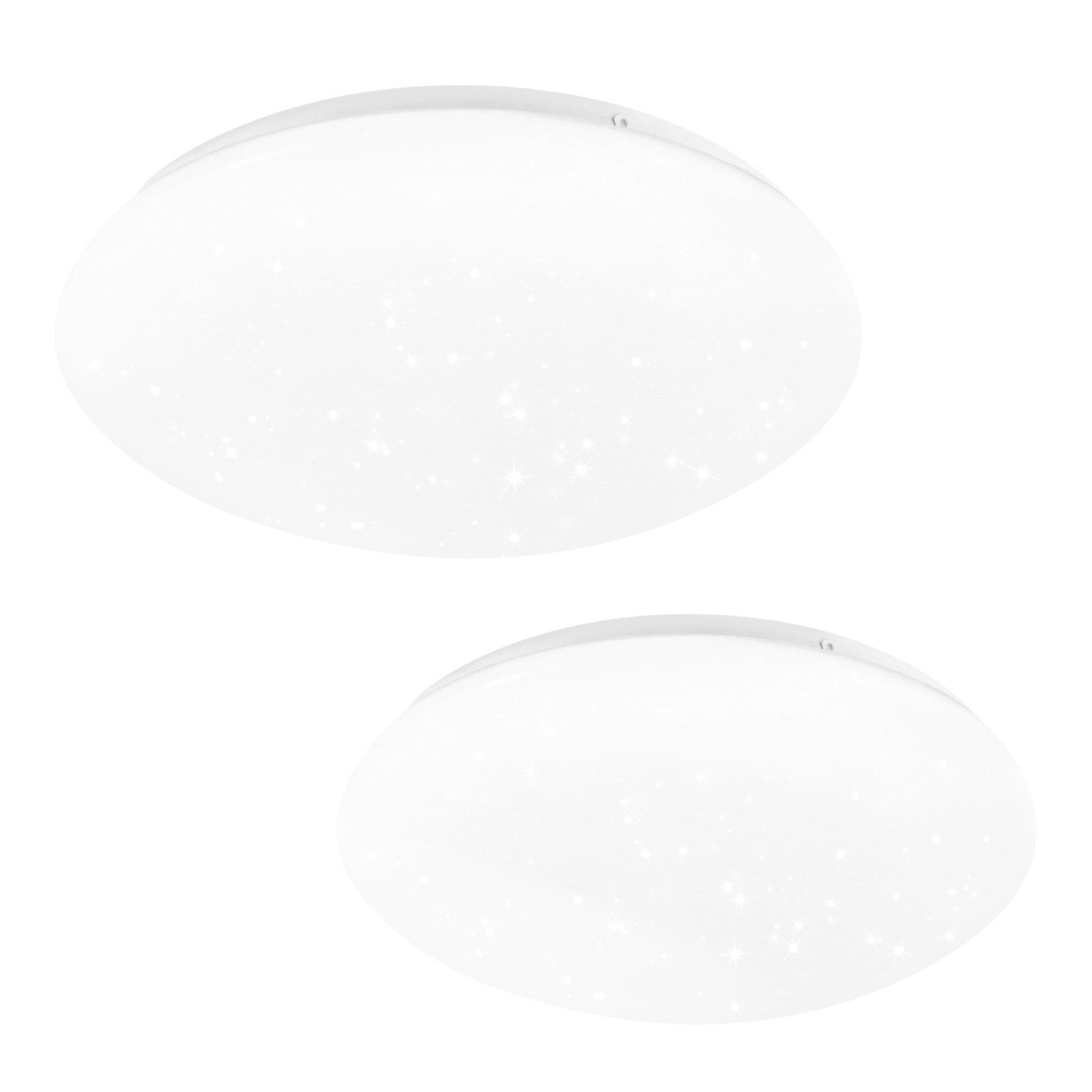 Dwie białe, okrągłe lampy sufitowe z wzorem gwiazd.