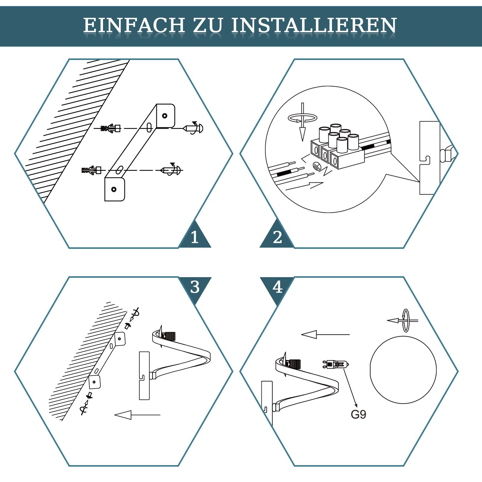 I diagrammi di istruzioni mostrano i passaggi per l'installazione di un dispositivo a parete. Il testo dice 'Einfach zu installieren'.