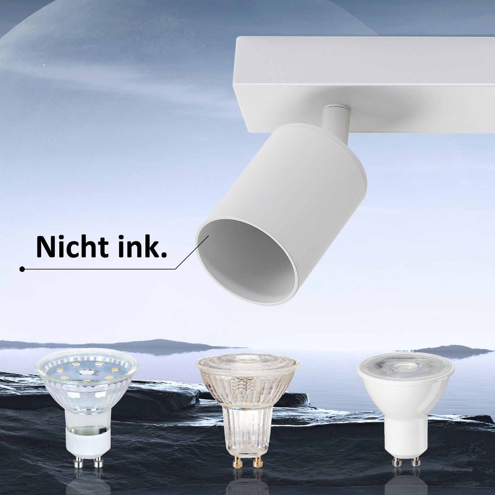 Primo piano di faretto bianco e tre lampadine, con testo 'Nicht ink.' su sfondo blu.