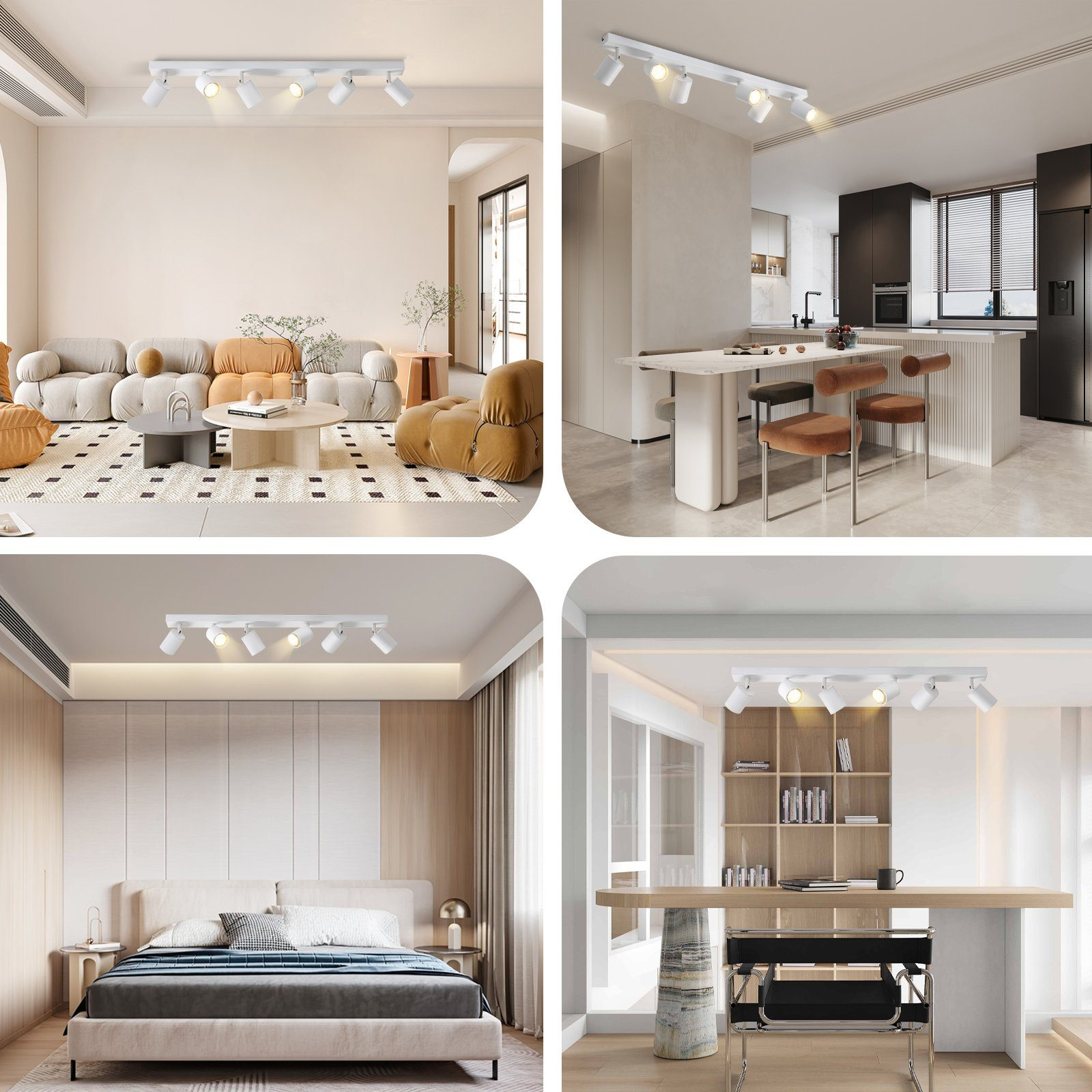 Quattro scene interne che mostrano apparecchi di illuminazione a binario bianchi montati a soffitto.