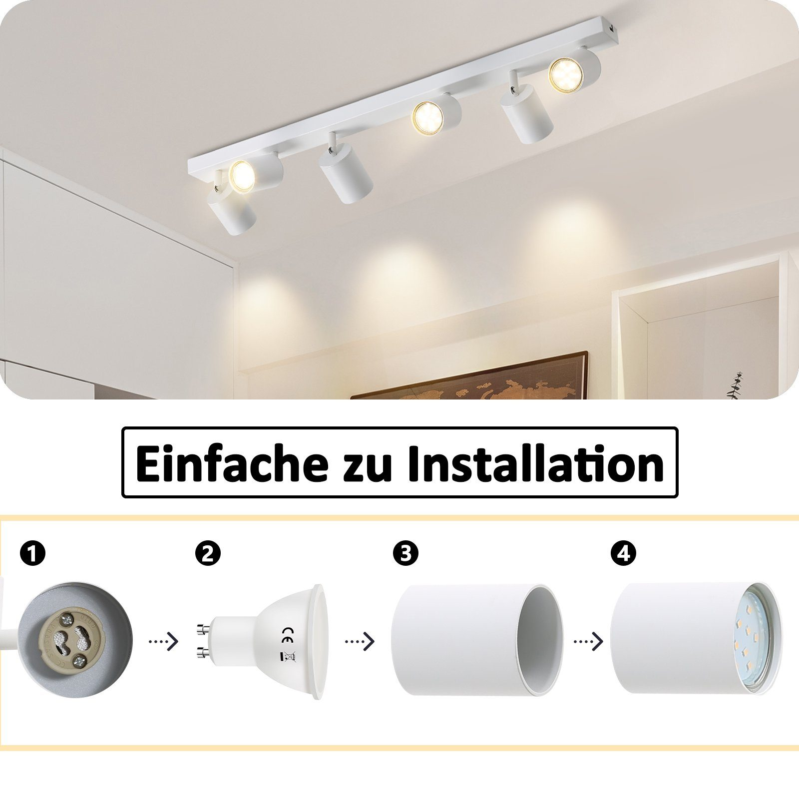 Guida all'installazione della luce a soffitto bianca, che mostra i passaggi per fissare una lampadina.
