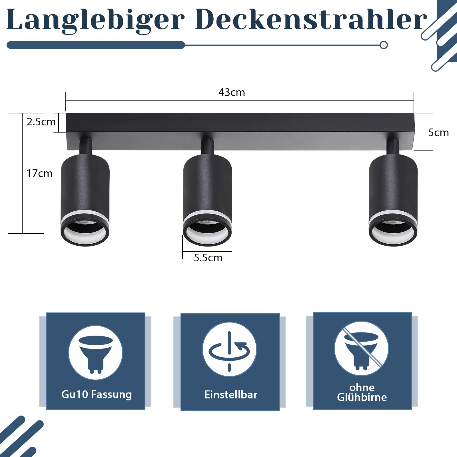 Trzy czarne reflektory, schemat z wymiarami. Oprawka Gu10, regulowana, bez żarówek.