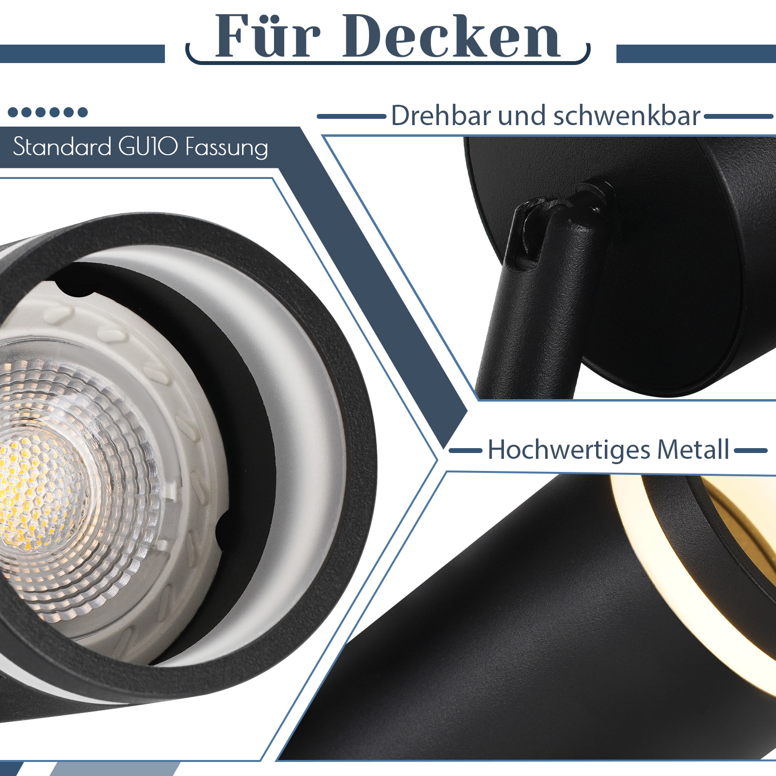 Zbliżenie czarnego reflektora z żarówką i napisem 'Drehbar und schwenkbar'.