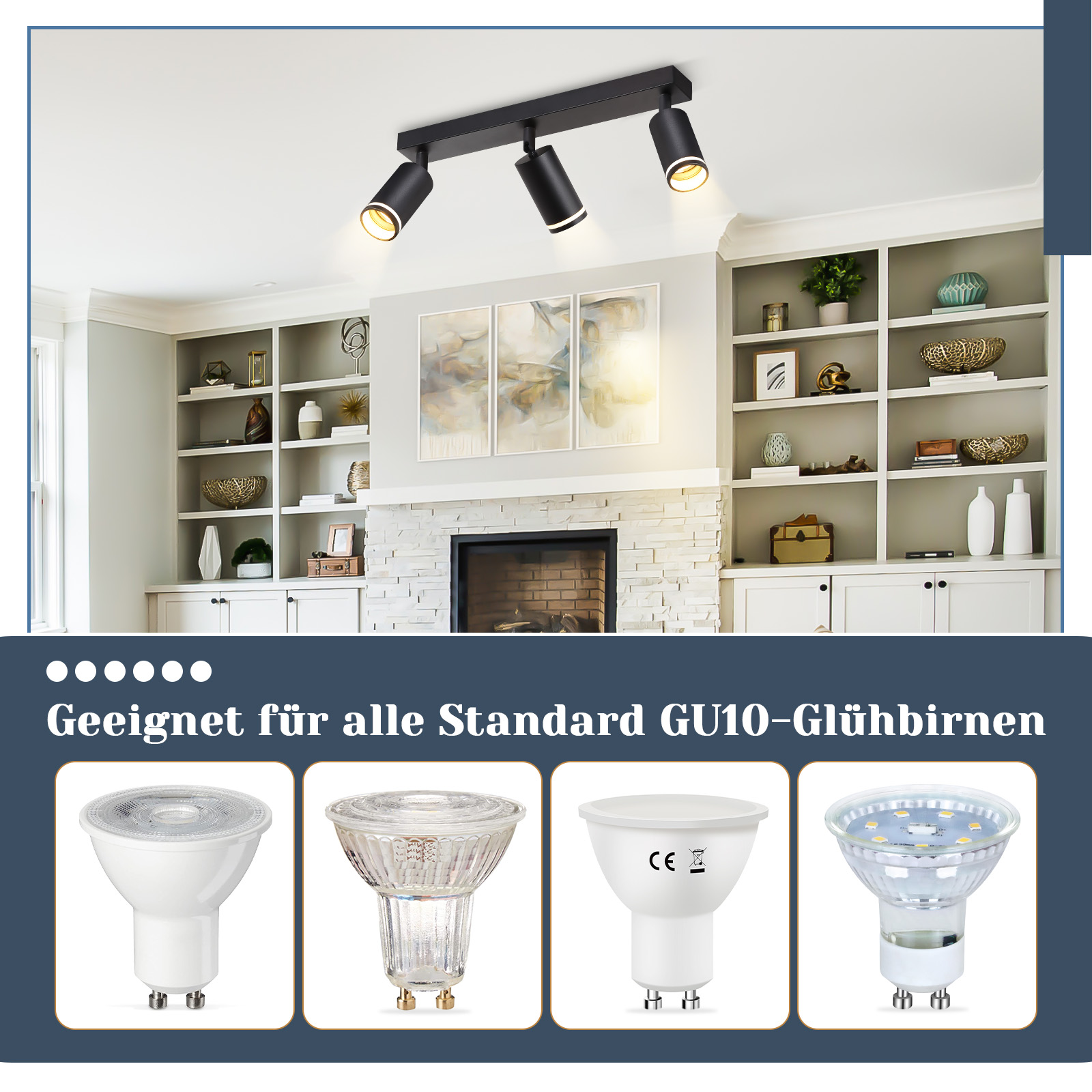 Un faretto da soffitto nero con tre luci regolabili e quattro lampadine GU10.