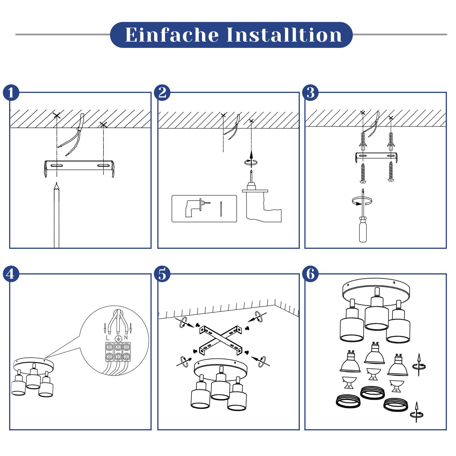 Diagramma che mostra i passaggi di installazione della plafoniera. Sei passaggi, con diagrammi e testo.
