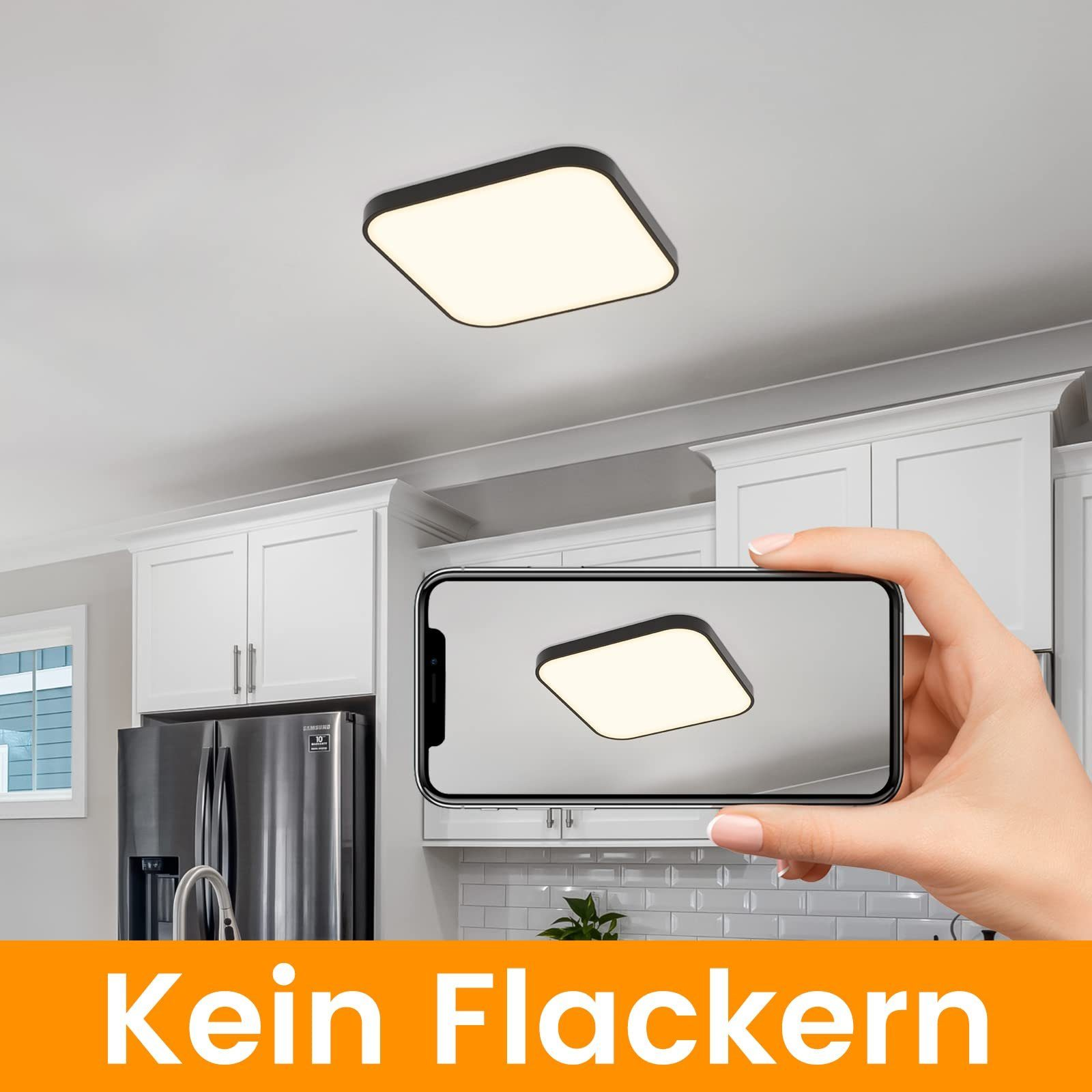 Eine Hand hält ein Telefon, das eine Deckenleuchte zeigt. Der Text auf dem Bildschirm lautet 'Kein Flackern'.
