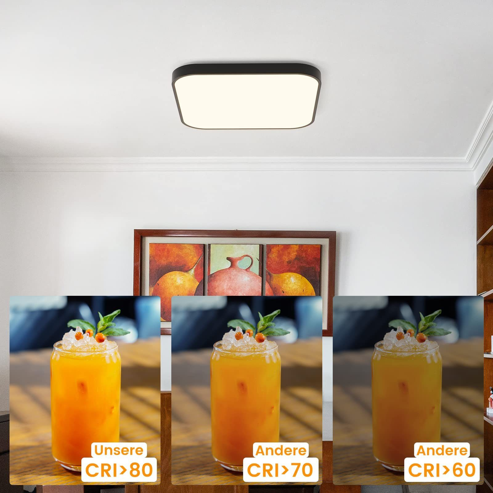 Drei Gläser Orangensaft mit Deckenleuchte im Hintergrund. Jedes Glas zeigt unterschiedliche CRI-Werte.