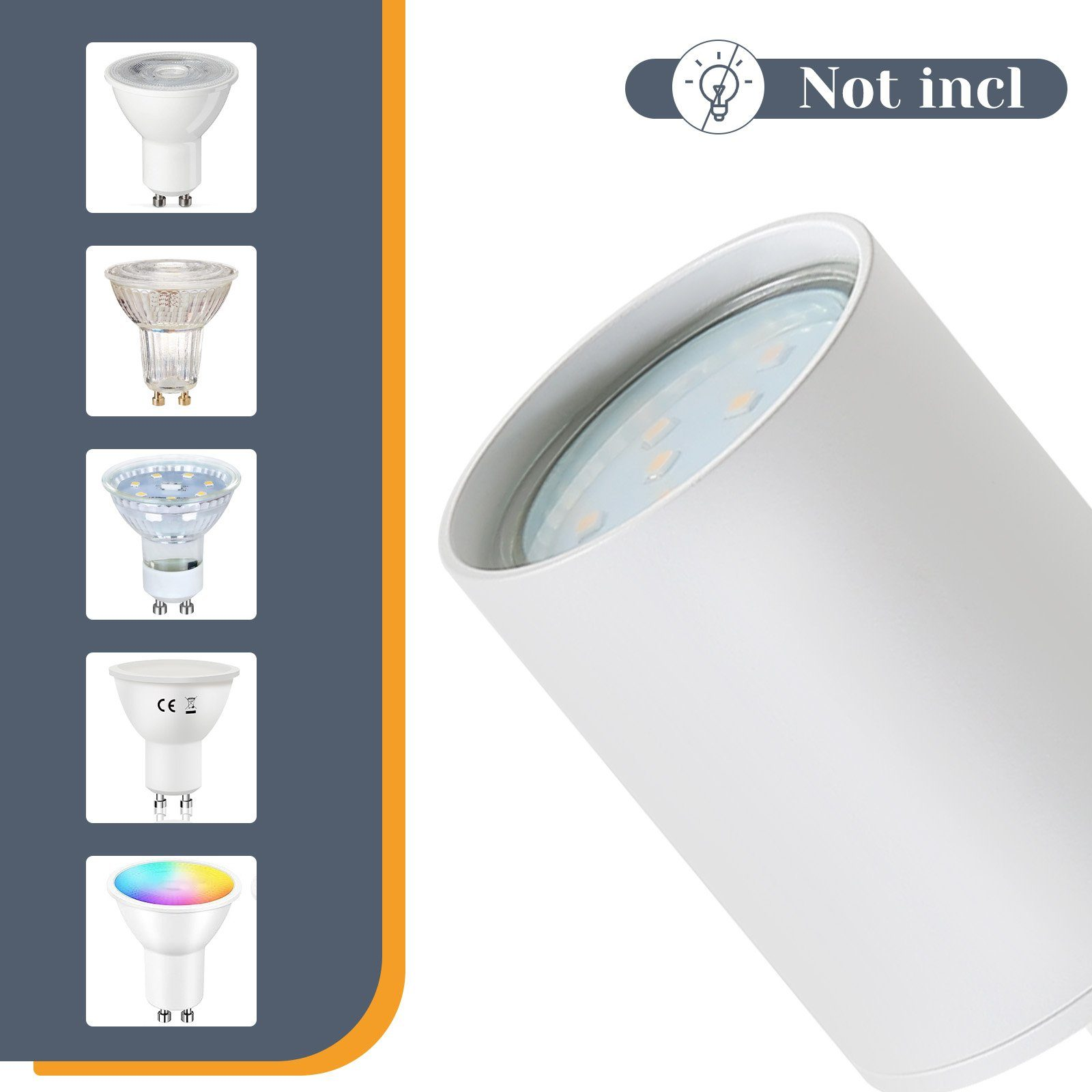 Faretto bianco con diversi tipi di lampadine. Il testo dice 'Non incluso'.