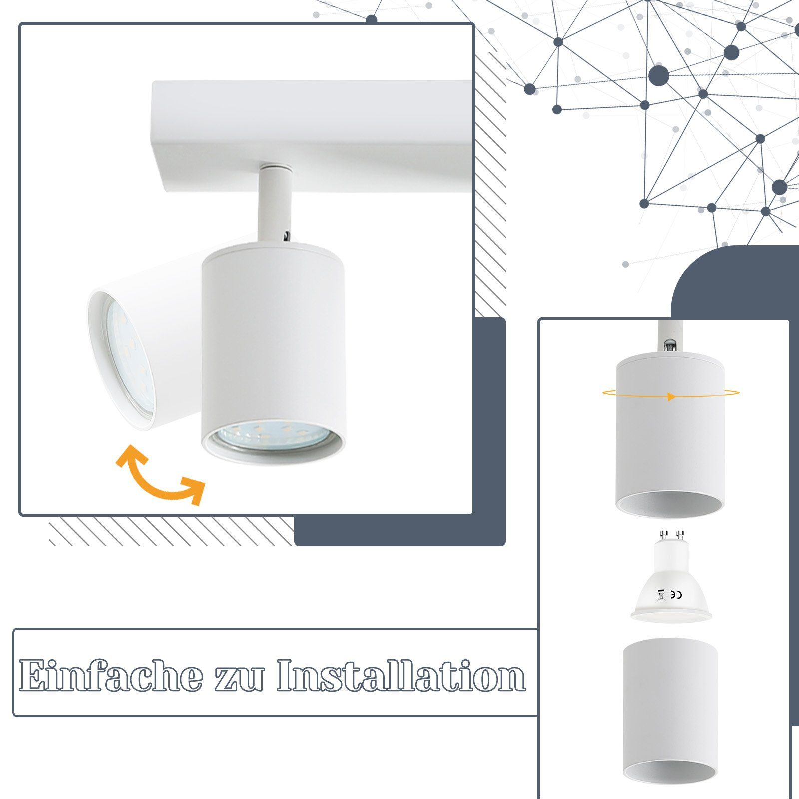 Un diagramma che mostra un faretto bianco con parti intercambiabili e le parole 'Einfache zu Installation'.