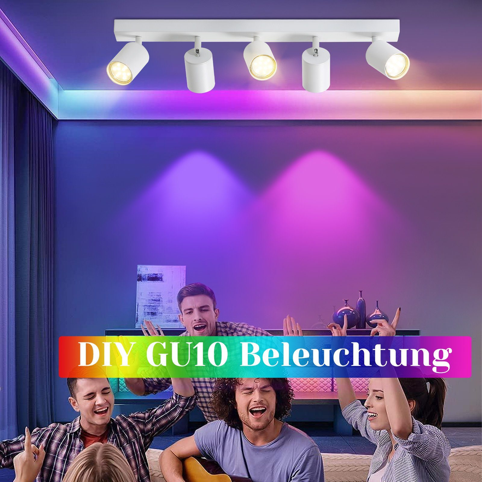 Gruppo di persone che si godono una stanza con luci colorate e luci GU10 sul soffitto.