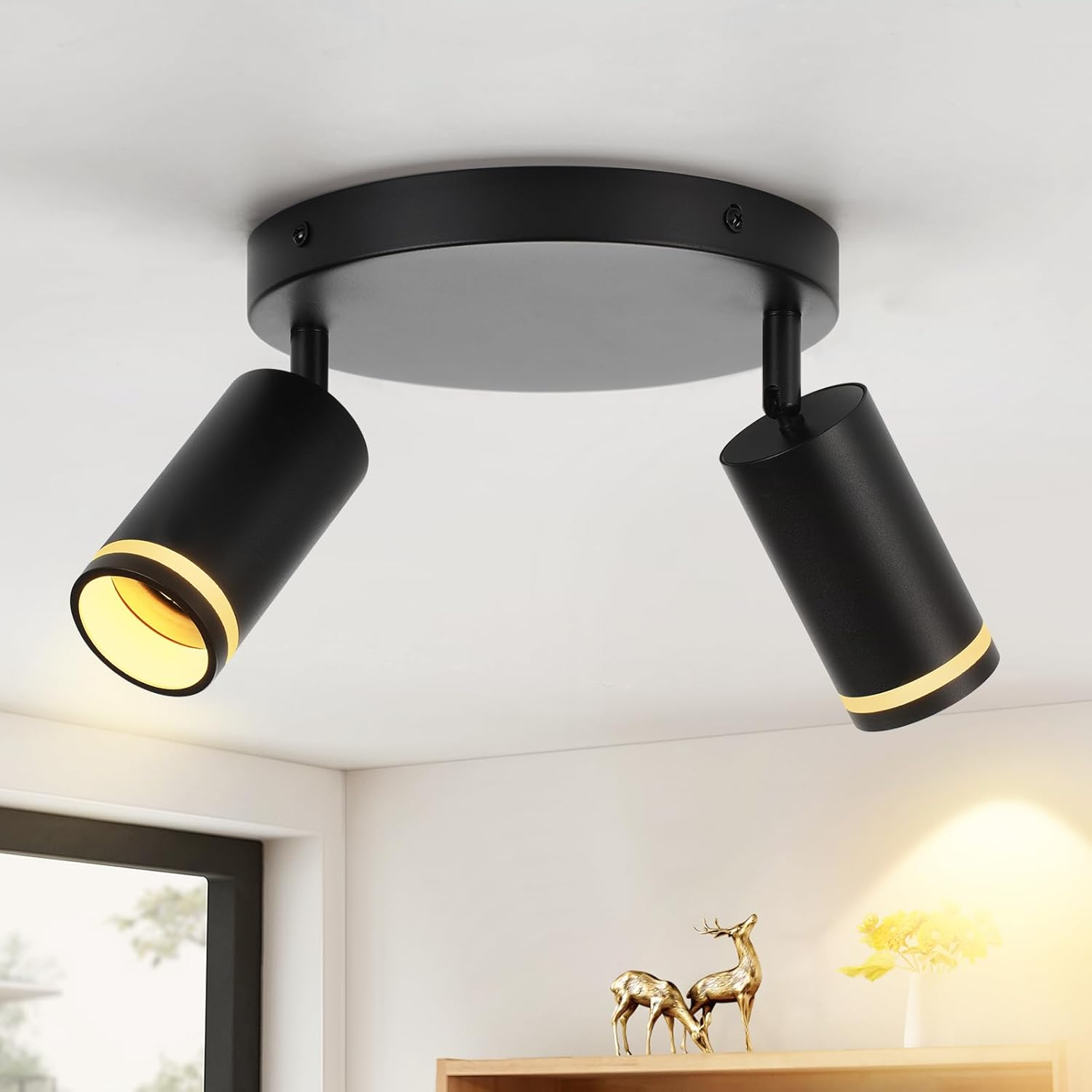 Dwa czarne, cylindryczne reflektory przymocowane do okrągłej oprawy sufitowej, oświetlające pomieszczenie.