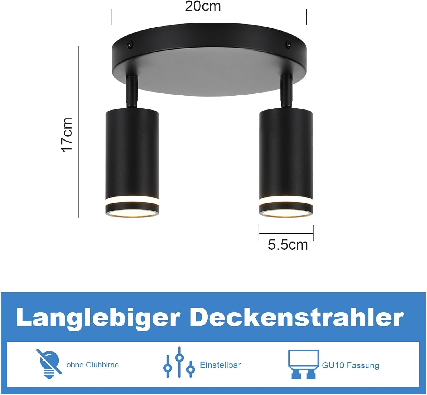 Czarne cylindryczne lampy sufitowe z wymiarami i tekstem 'Langlebiger Deckenstrahler'.