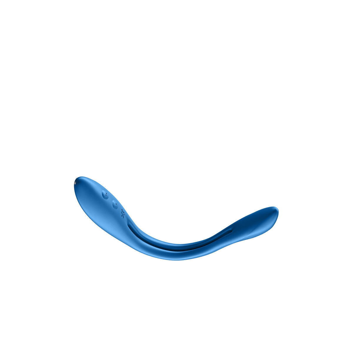Juguete sexual azul en forma de objeto curvado. Tiene tres botones en la parte superior.