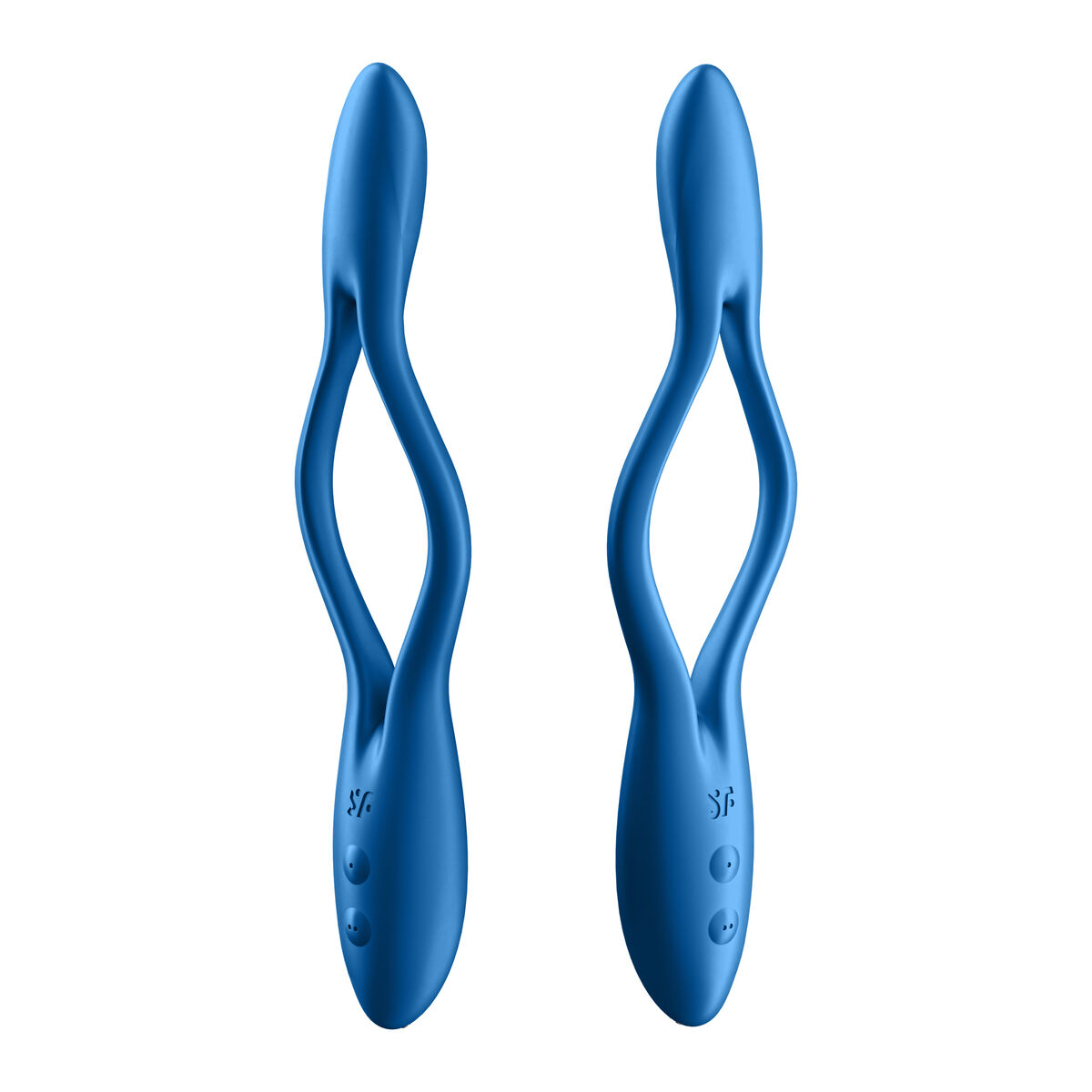 Dos juguetes sexuales azules, de forma abstracta, con base redondeada y tres botones.