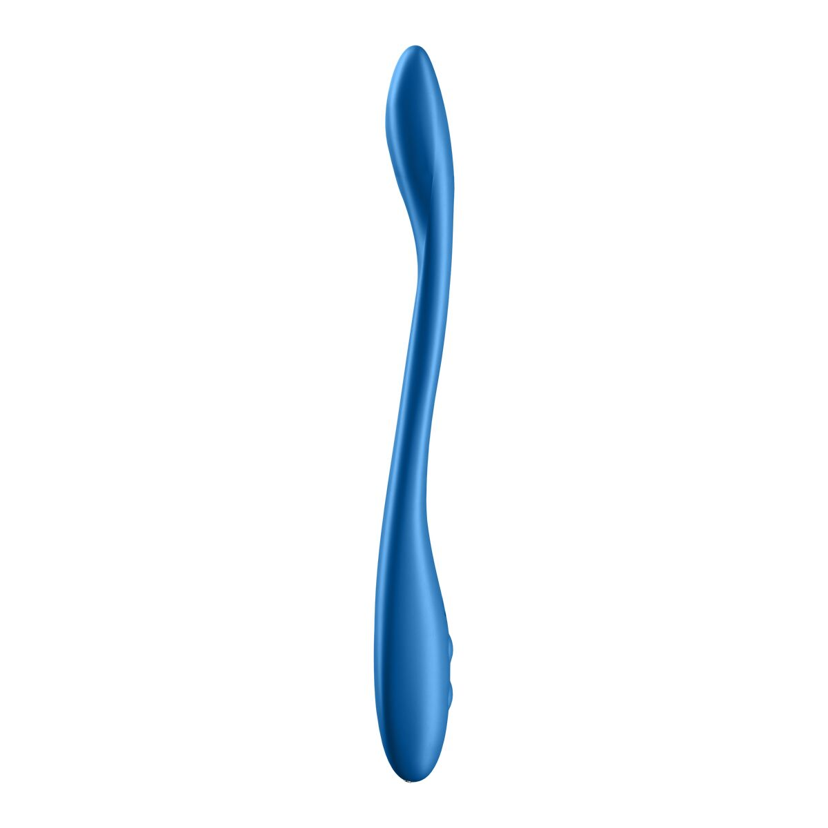 Un juguete sexual azul curvado. El objeto está sobre un fondo blanco.