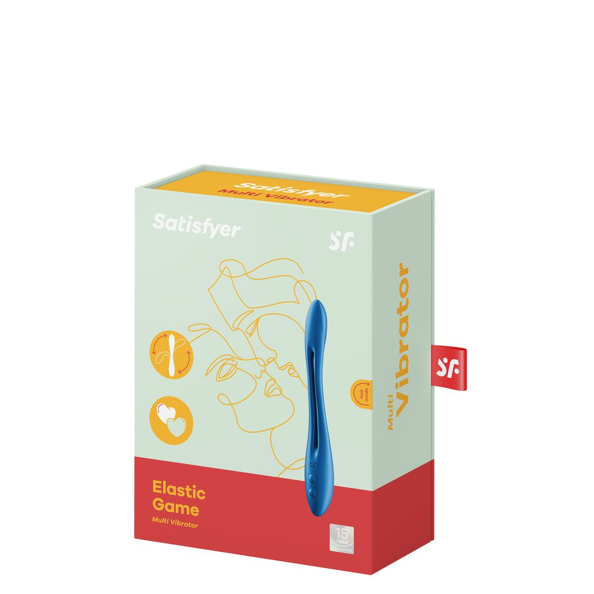 Caja de un vibrador azul. La caja tiene texto e imágenes del producto y una imagen de dos personas besándose.