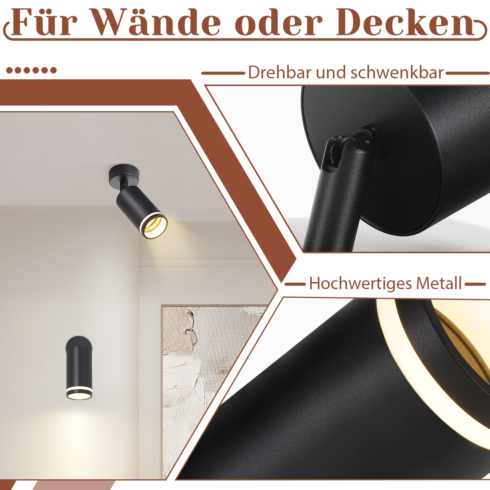 Czarny reflektor na białym suficie, ze szczegółowym widokiem jego projektu i funkcji.