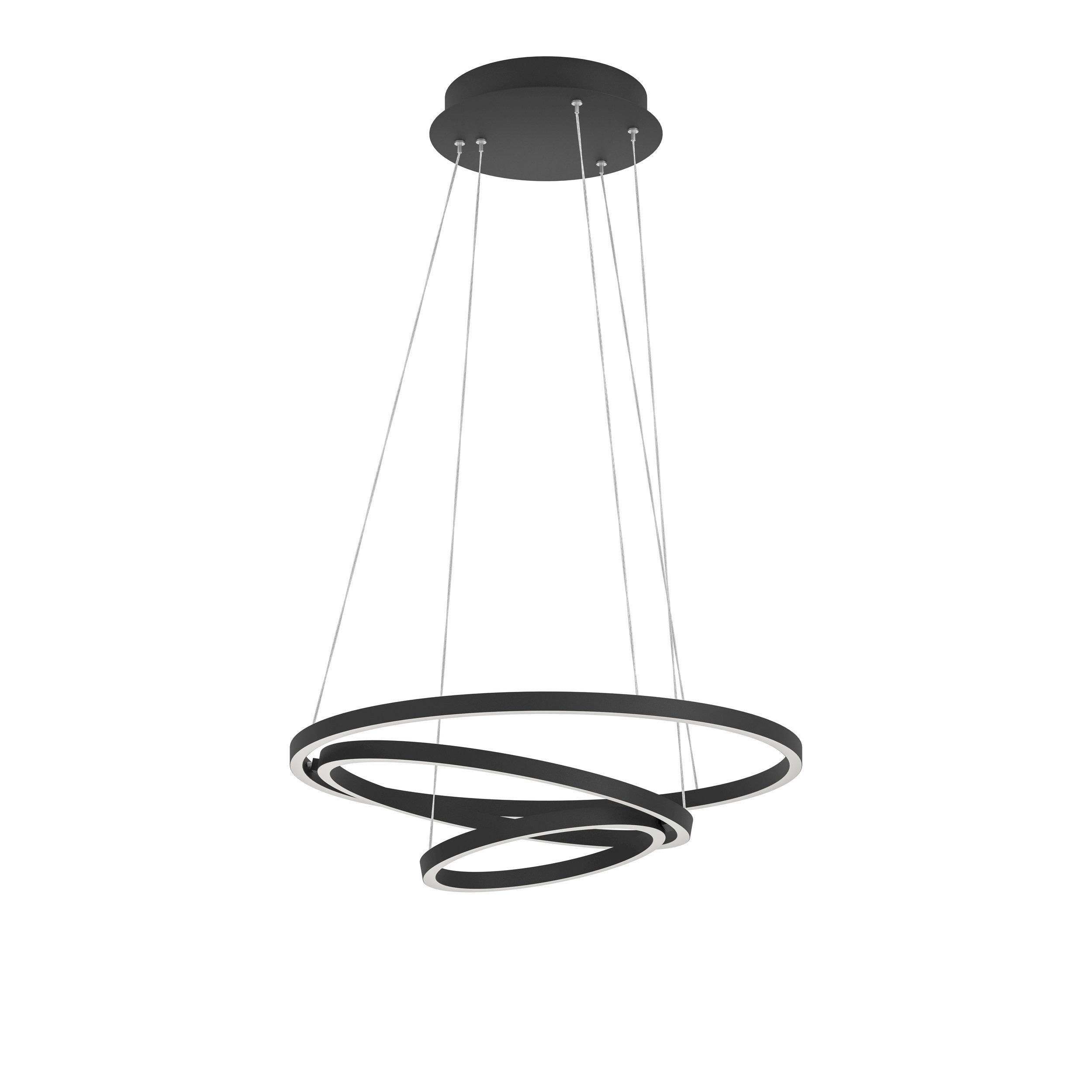 Schwarzer moderner Kronleuchter mit kreisförmigem Design. Drei hängende Ringe mit weißem Innenlicht.