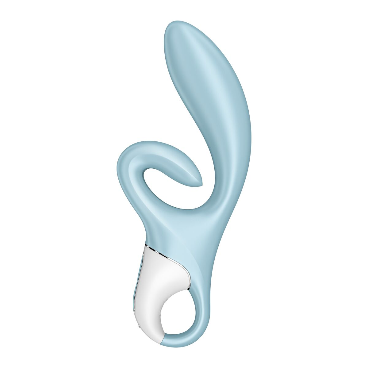 Un juguete sexual azul claro con base blanca, diseño curvo, aislado sobre fondo blanco.