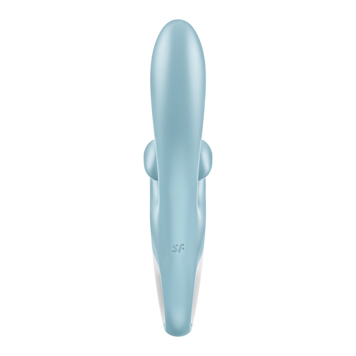 Un juguete sexual azul claro, elegante y curvado, con una base blanca, sobre un fondo blanco.