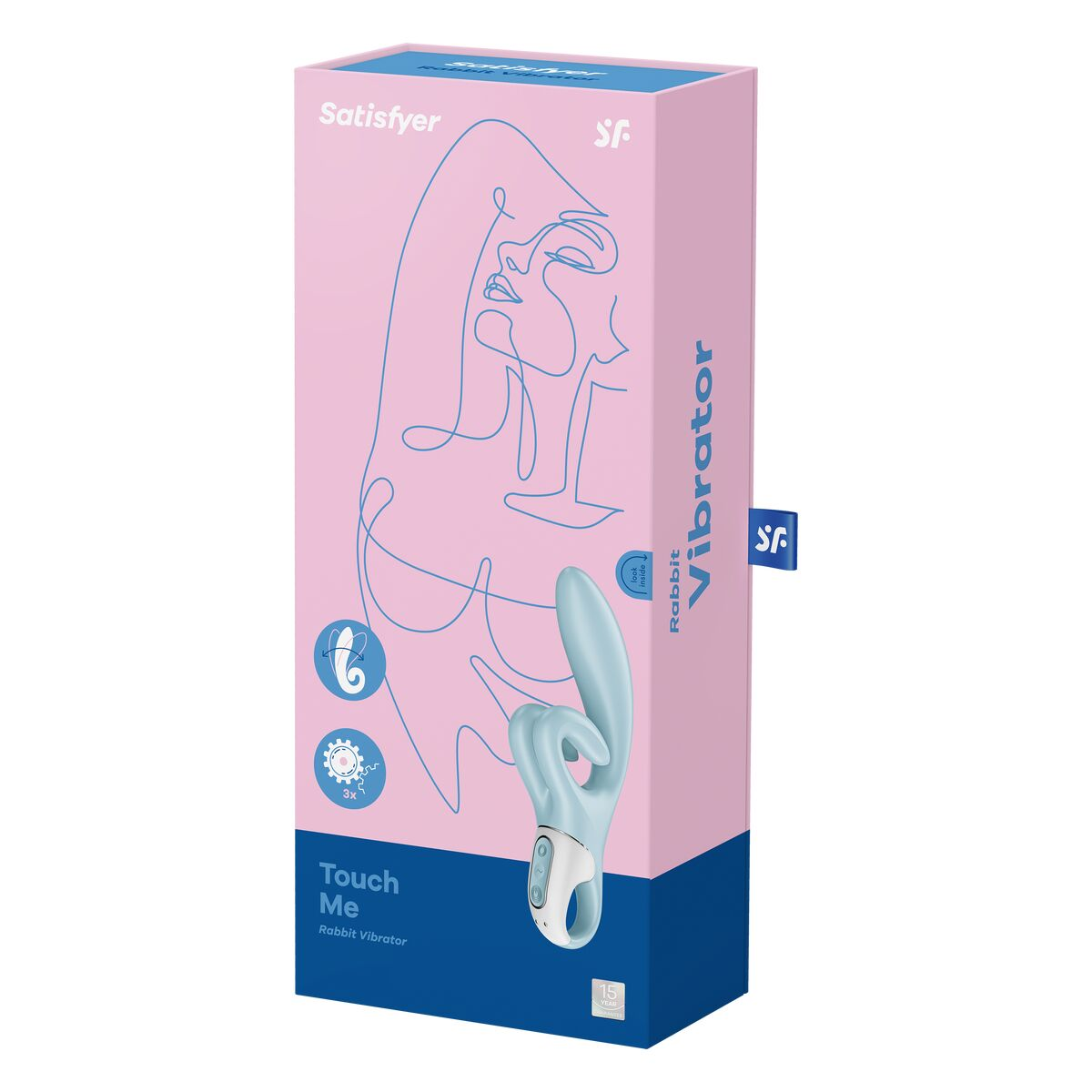 Una caja rosa y azul con un vibrador de conejo. Texto e iconos en la parte delantera y superior, marca 'Satisfyer'.