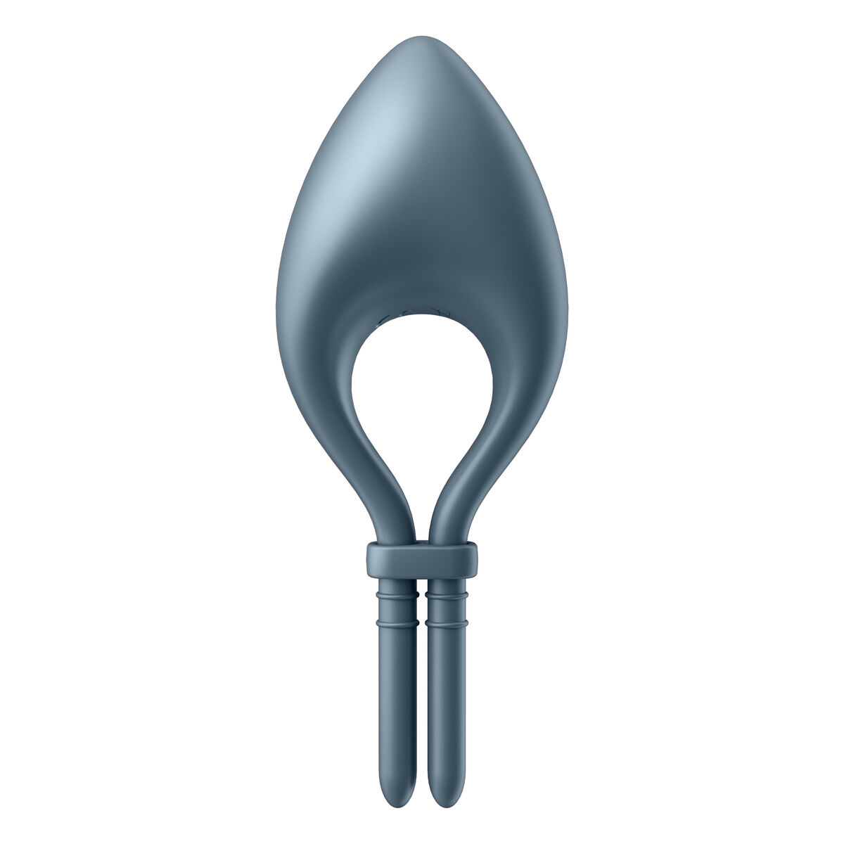 Juguete sexual azul-gris, un diseño en forma de lágrima con un bucle y dos partes cilíndricas.