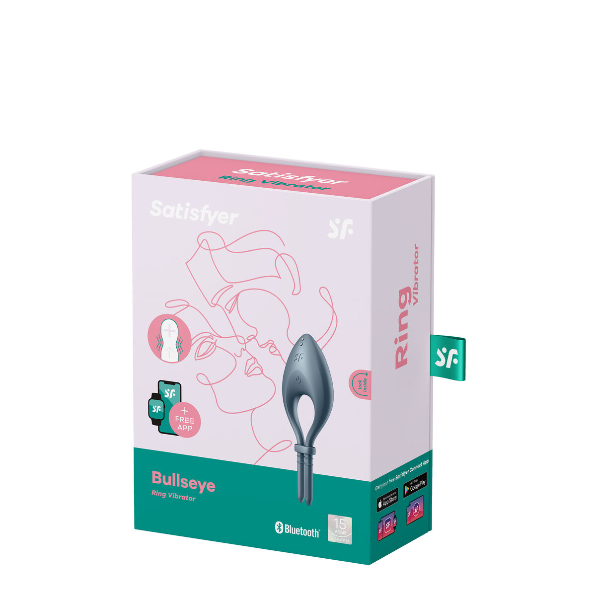 Caja con un anillo vibrador. El anillo es gris. La caja tiene el nombre de la marca y un dibujo de una mujer.