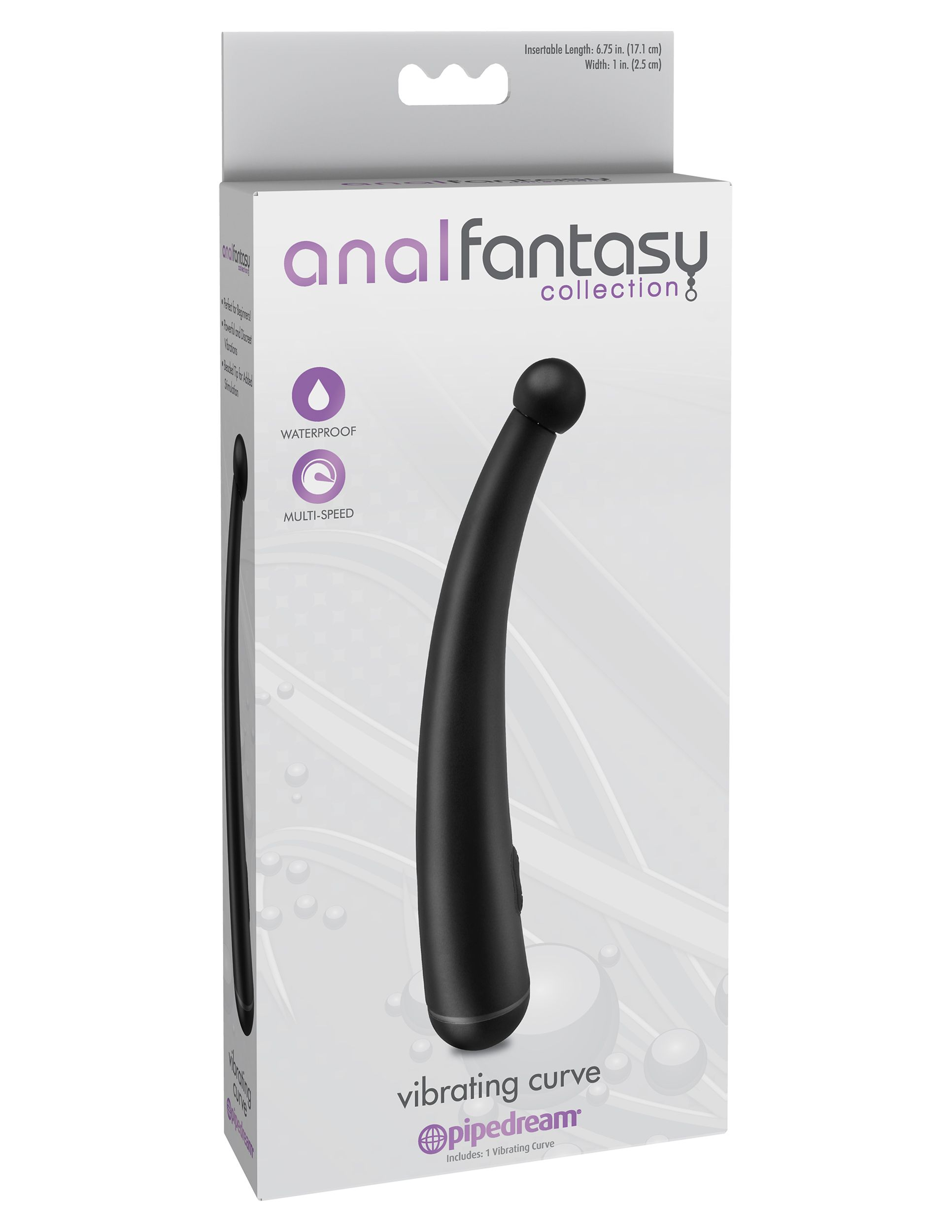 Schachtel mit schwarzem Vibrator, mit 'Anal Fantasy' Etikett und Produktbeschreibung.