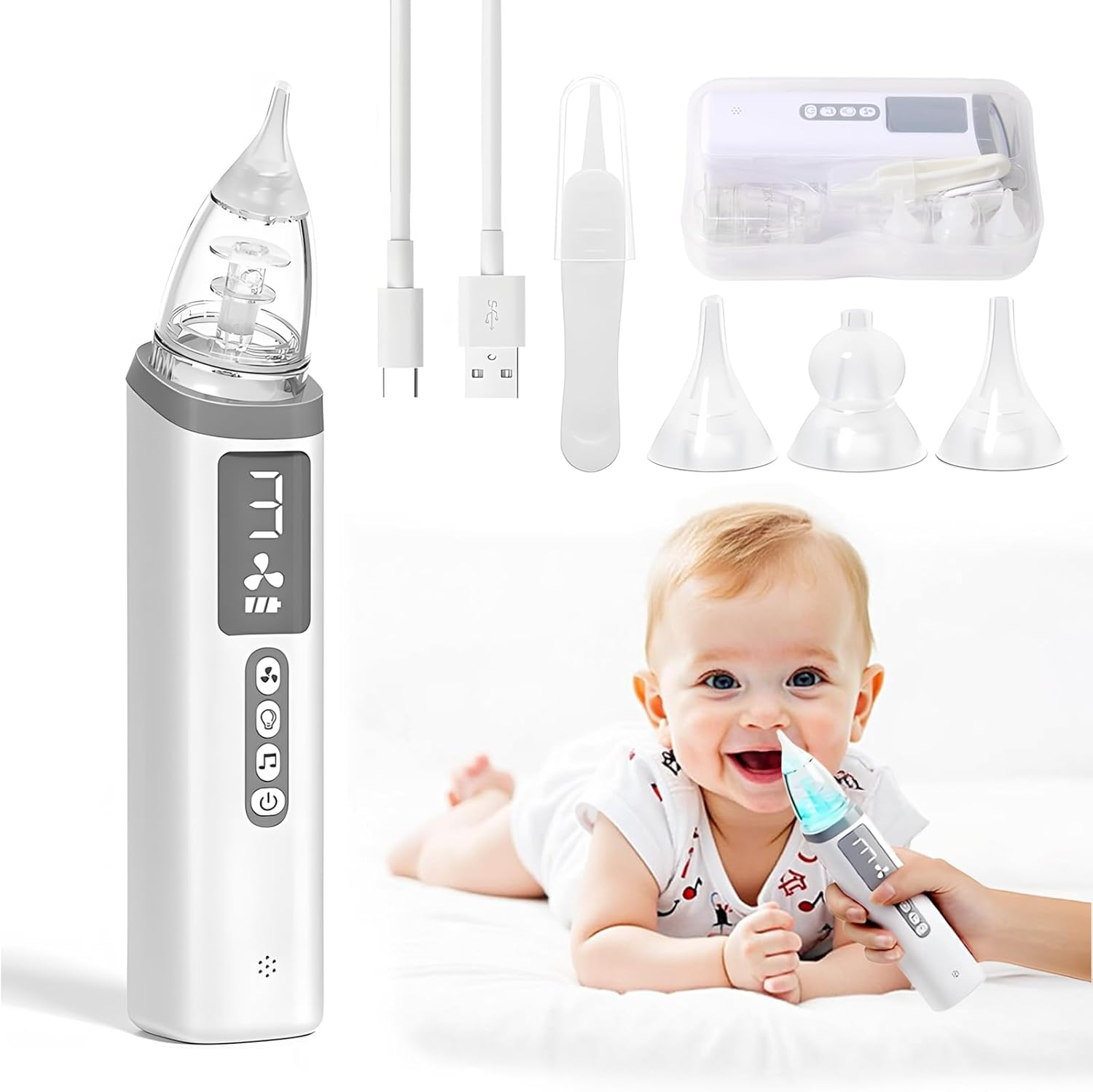 Baby wird mit einem Nasensauger geholfen. Mehrere Komponenten werden angezeigt.