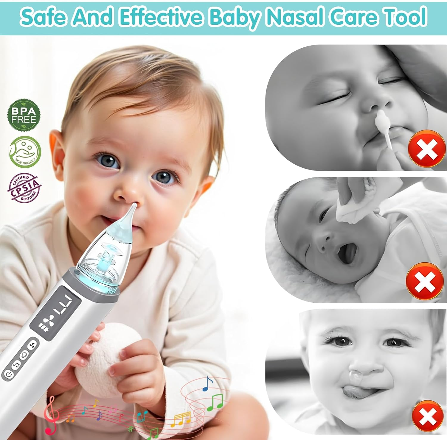 Baby mit Nasensauger. Bild zeigt Alternativen wie Taschentücher, die nicht effektiv sind.