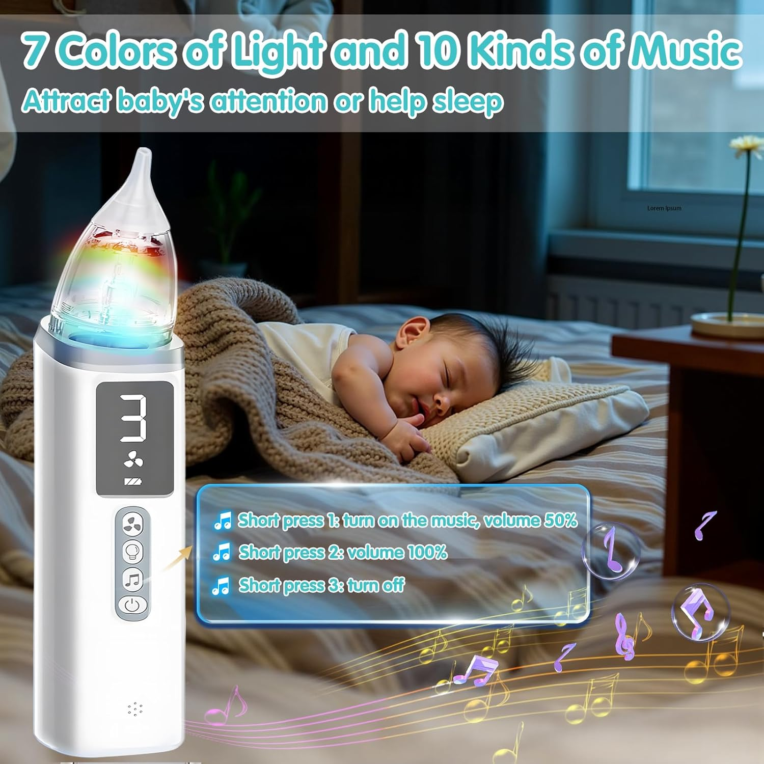 Ein Baby schläft auf einem Bett, daneben ein Gerät. Text zeigt, dass das Gerät Musik spielt und Lichter hat.