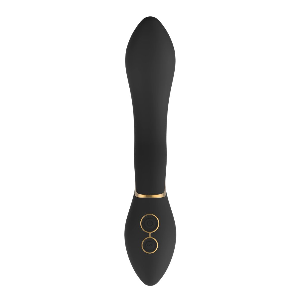 Schwarzer Vibrator mit länglicher Form und goldenen Details.