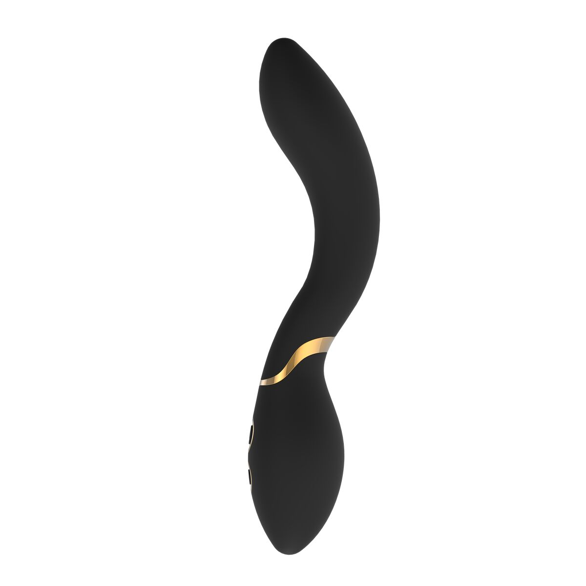 Schwarzer Vibrator mit geschwungener Form und goldenen Akzenten.