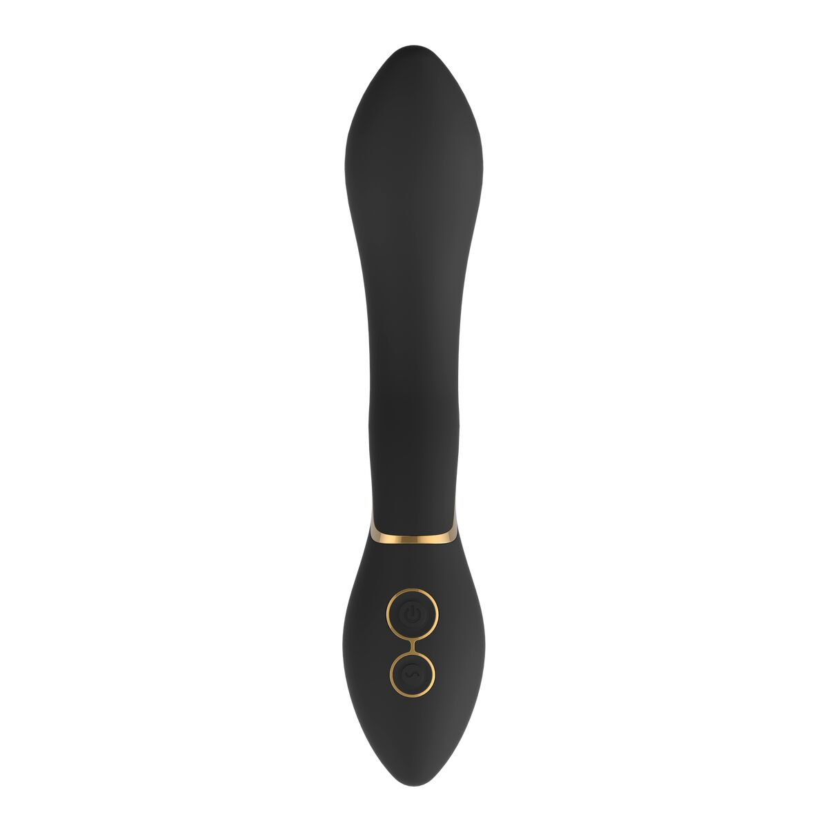 Schwarzer Vibrator mit goldenen Akzenten. Zwei goldene Knöpfe. Längliche Form.