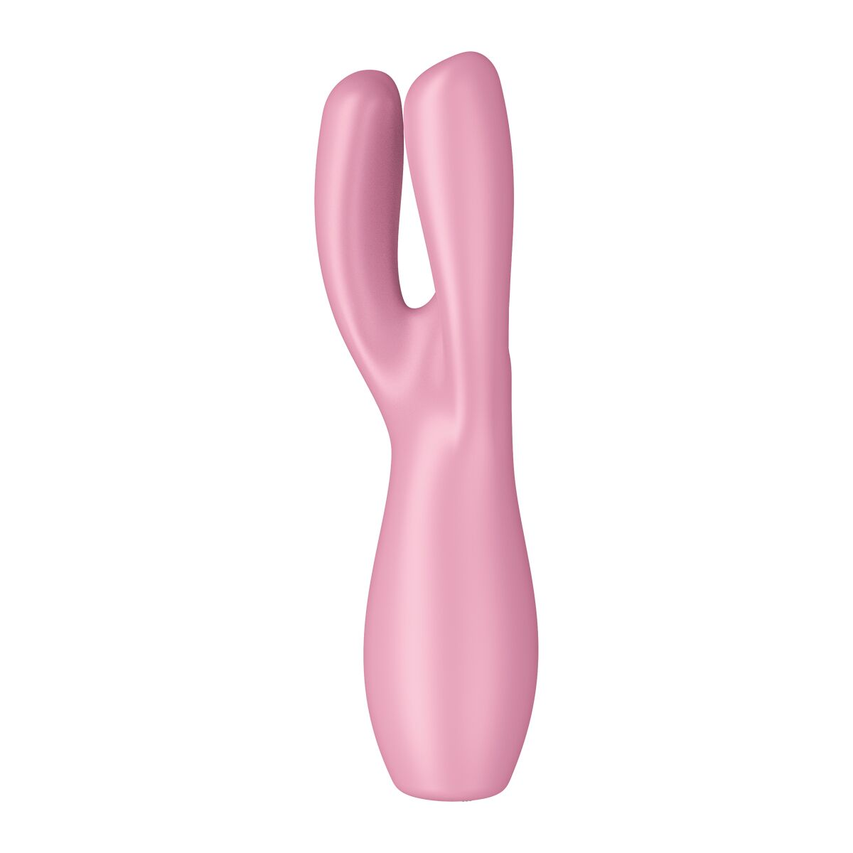 Juguete sexual rosa con cabeza bifurcada y base redondeada. Fondo blanco.